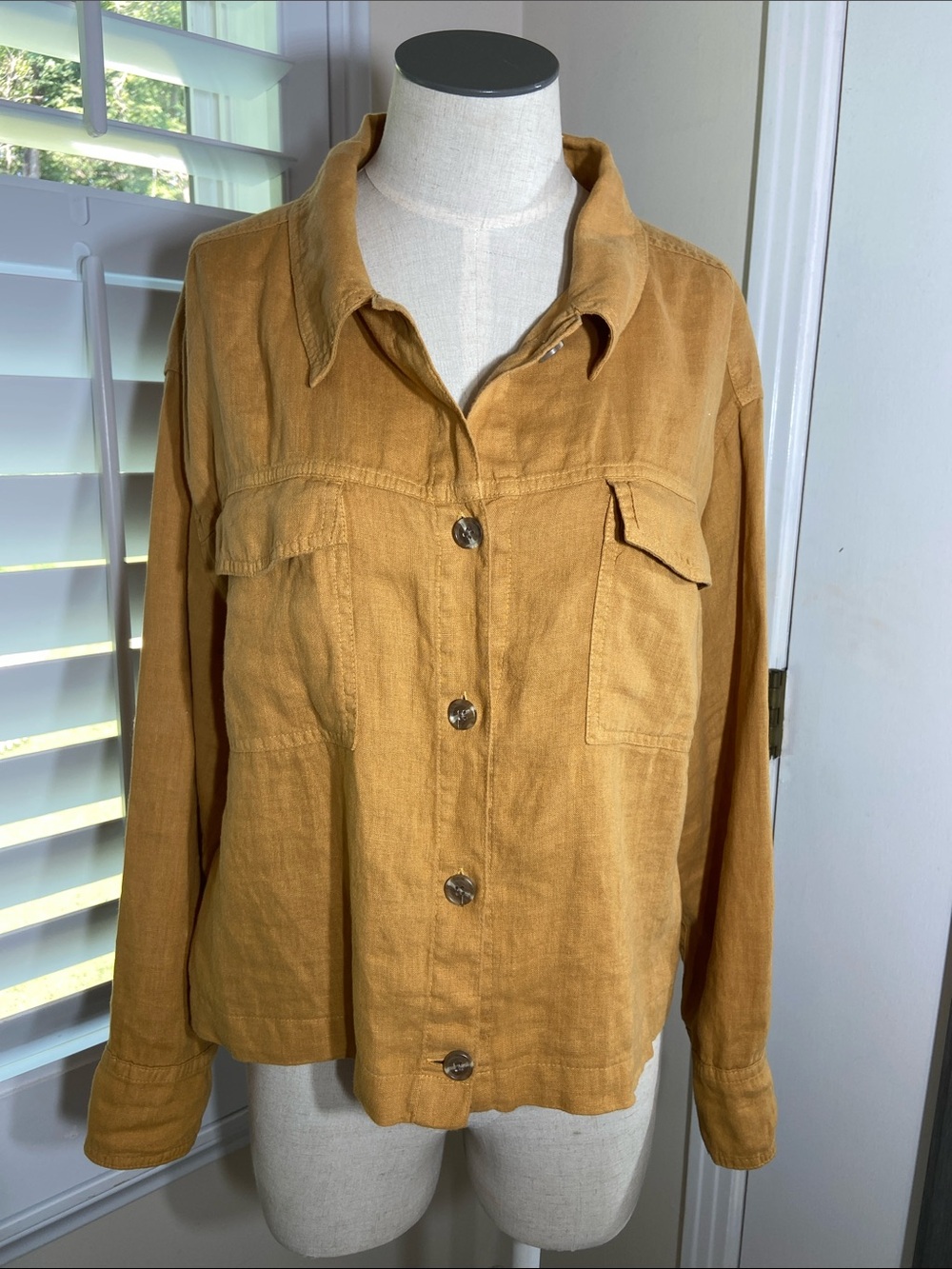 Rachel Zoe 100% Linen Long Sleeve Shirt Size M Mustard Button Down Lagenlook EUC